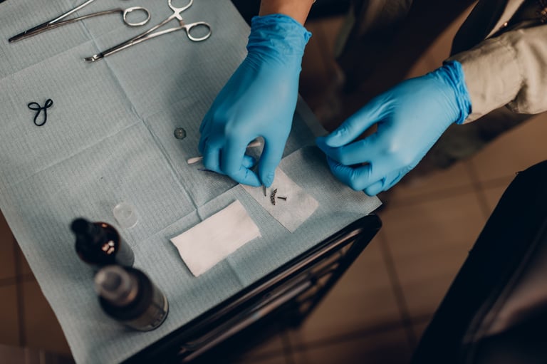 Professional piercer performing ear piercing in studio