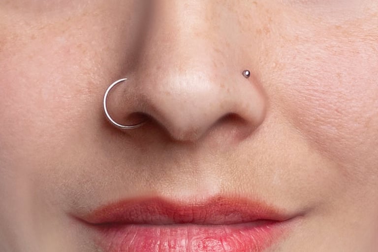 Nose piercing with wing ring and clove earring
