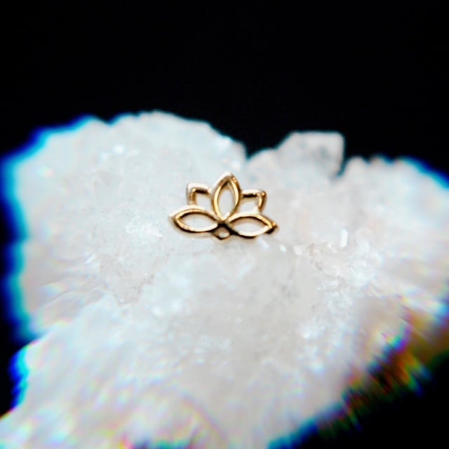 Gold lotus flower ring resting on white cloud with iridescent blue edge against black background