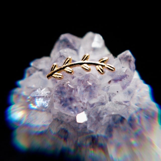 Gold-plated leaf branch brooch resting on raw amethyst crystal cluster with rainbow light effects