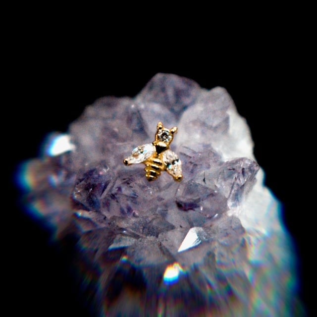 Gold bee figurine positioned on top of a raw amethyst crystal cluster against a black background